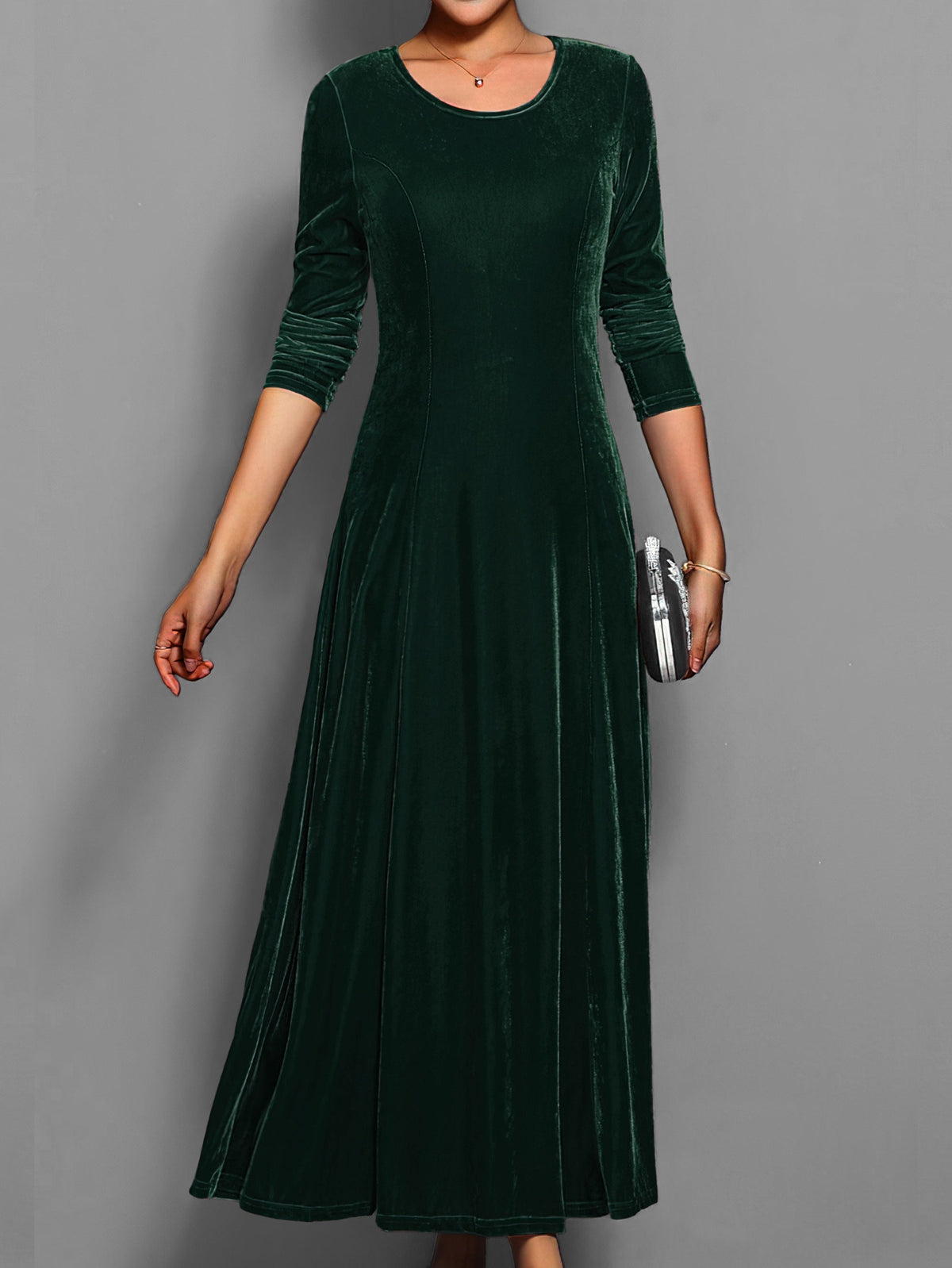 Women's Velvet Maxi Christmas Party Dress - Dark Green