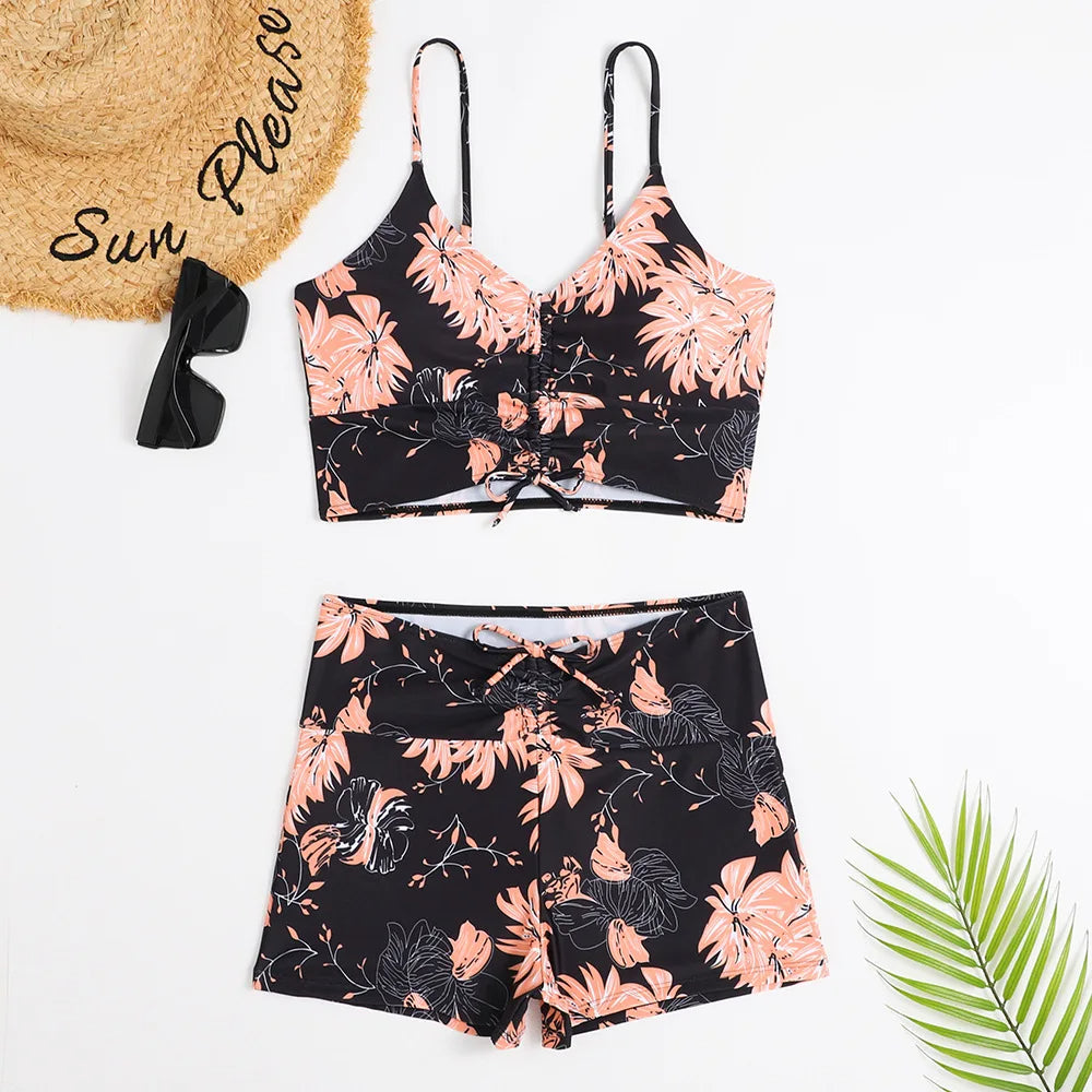Women's Ruched Floral High Waisted Bikini - Orange
