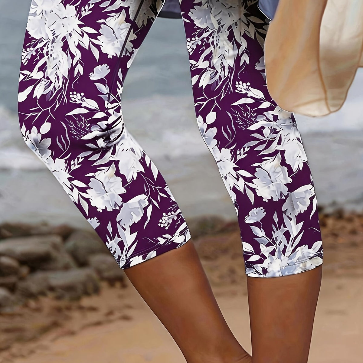 Women's Casual Floral Knit Capri Legging Pants - Purple