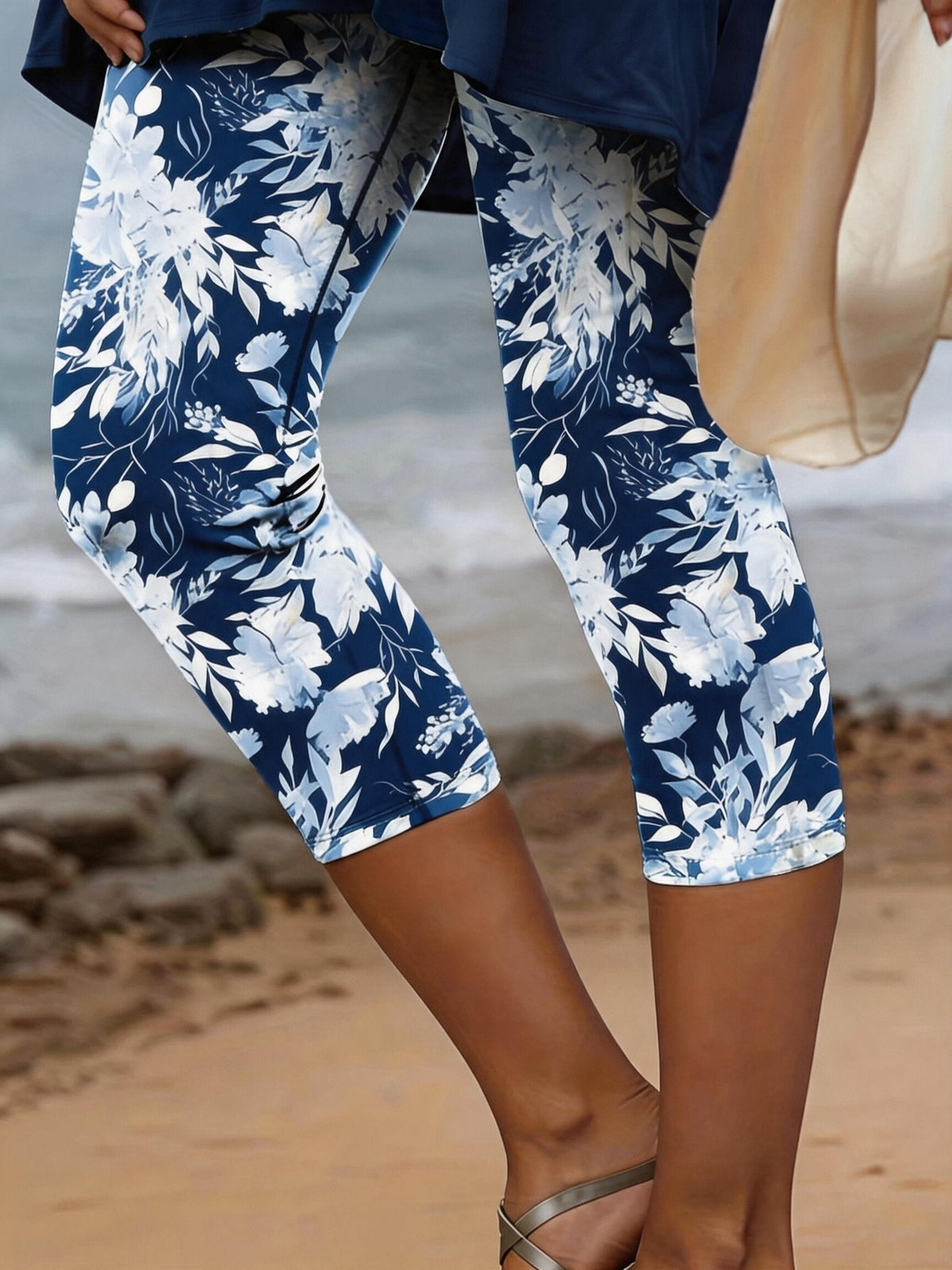 Women's Casual Floral Knit Capri Legging Pants