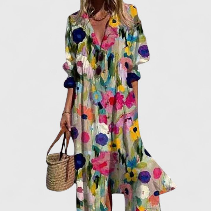 Women's Stylish Floral Midi Shirt Dress - Multicoloured 1