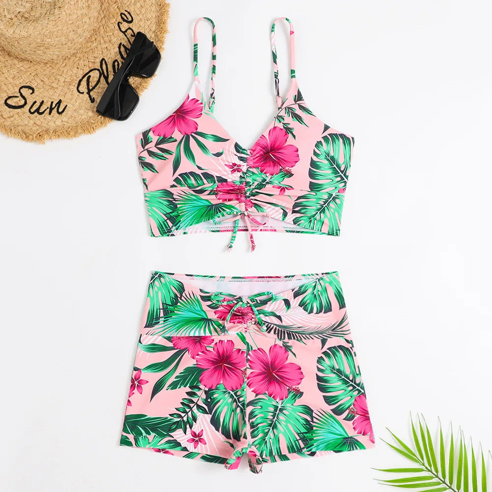 Women's Ruched Floral High Waisted Bikini - Pink