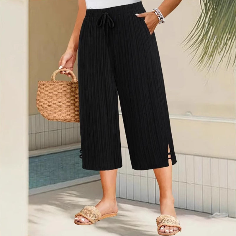 Women's Linen Wide Leg Capri Pants - Black