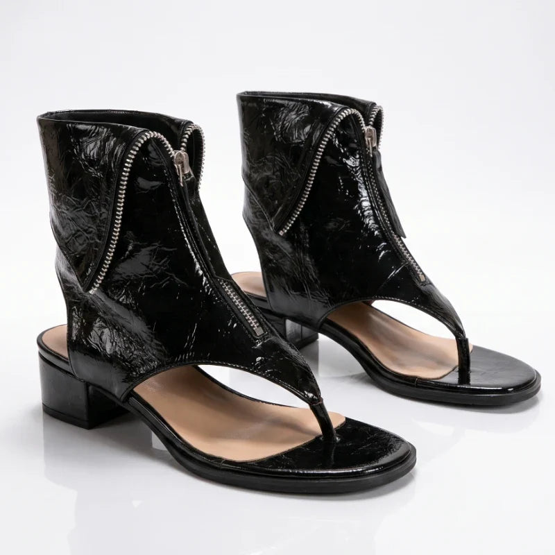 Women's Leather Thong Block Heel Sandals - Black