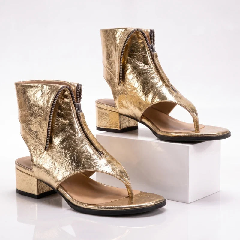 Women's Leather Thong Block Heel Sandals