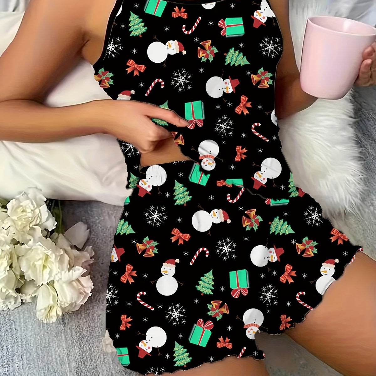 Women's Matching Cami Christmas Pyjamas - Black