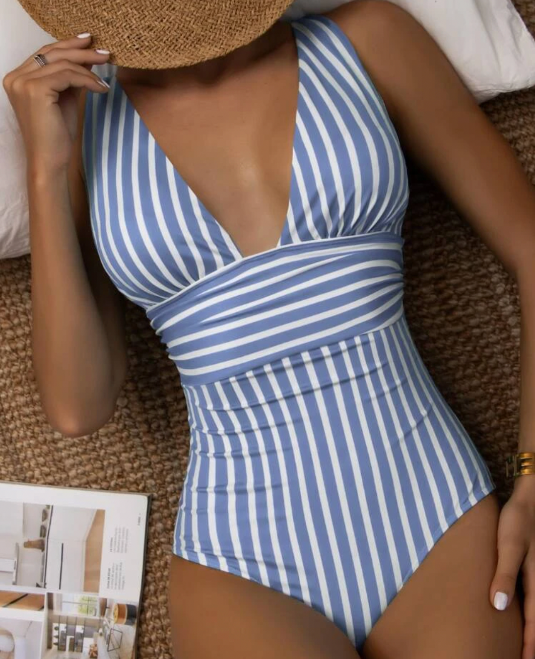 Women's Striped V-Neck Slim Swimsuit - Dark Blue