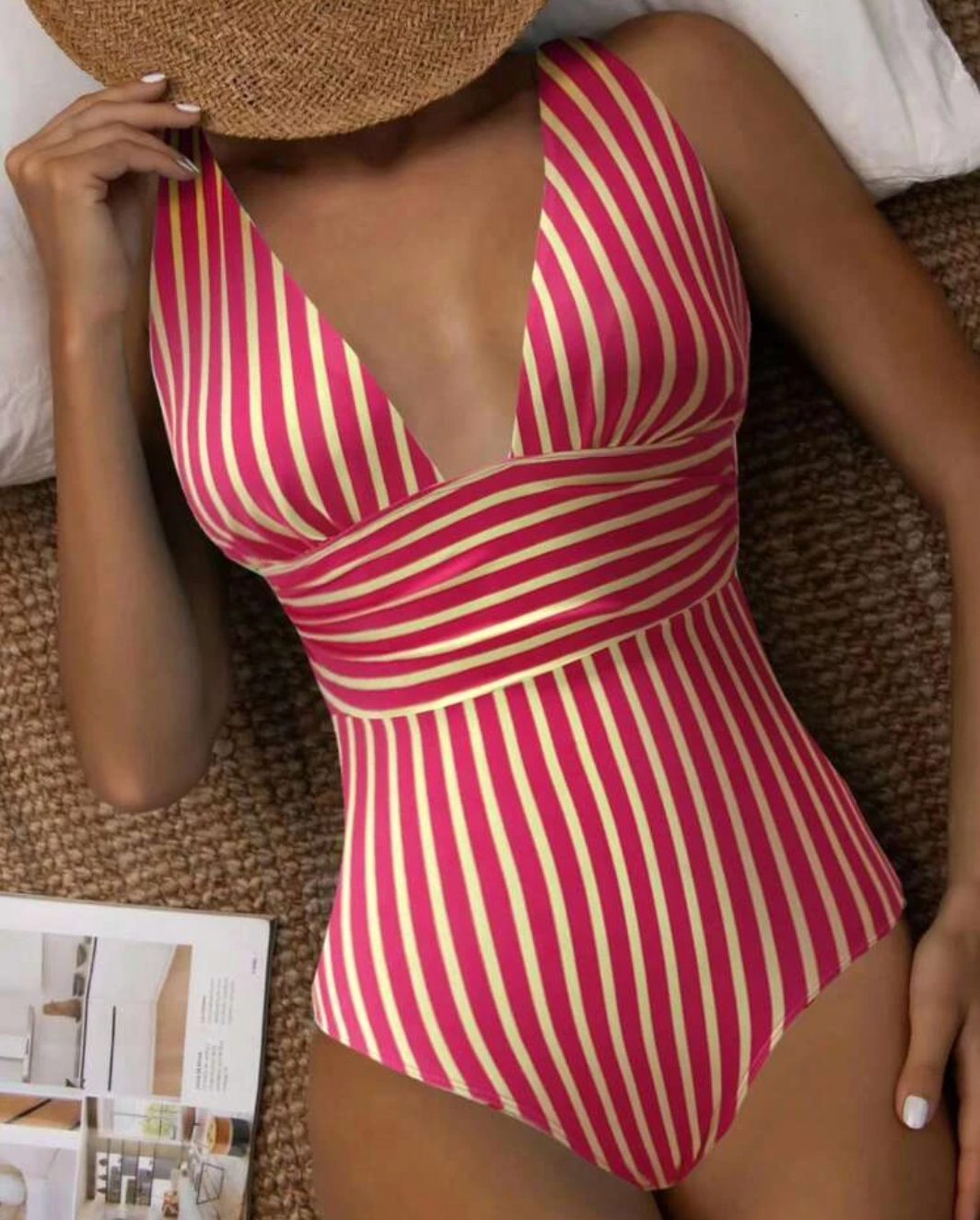 Women's Striped V-Neck Slim Swimsuit - Red