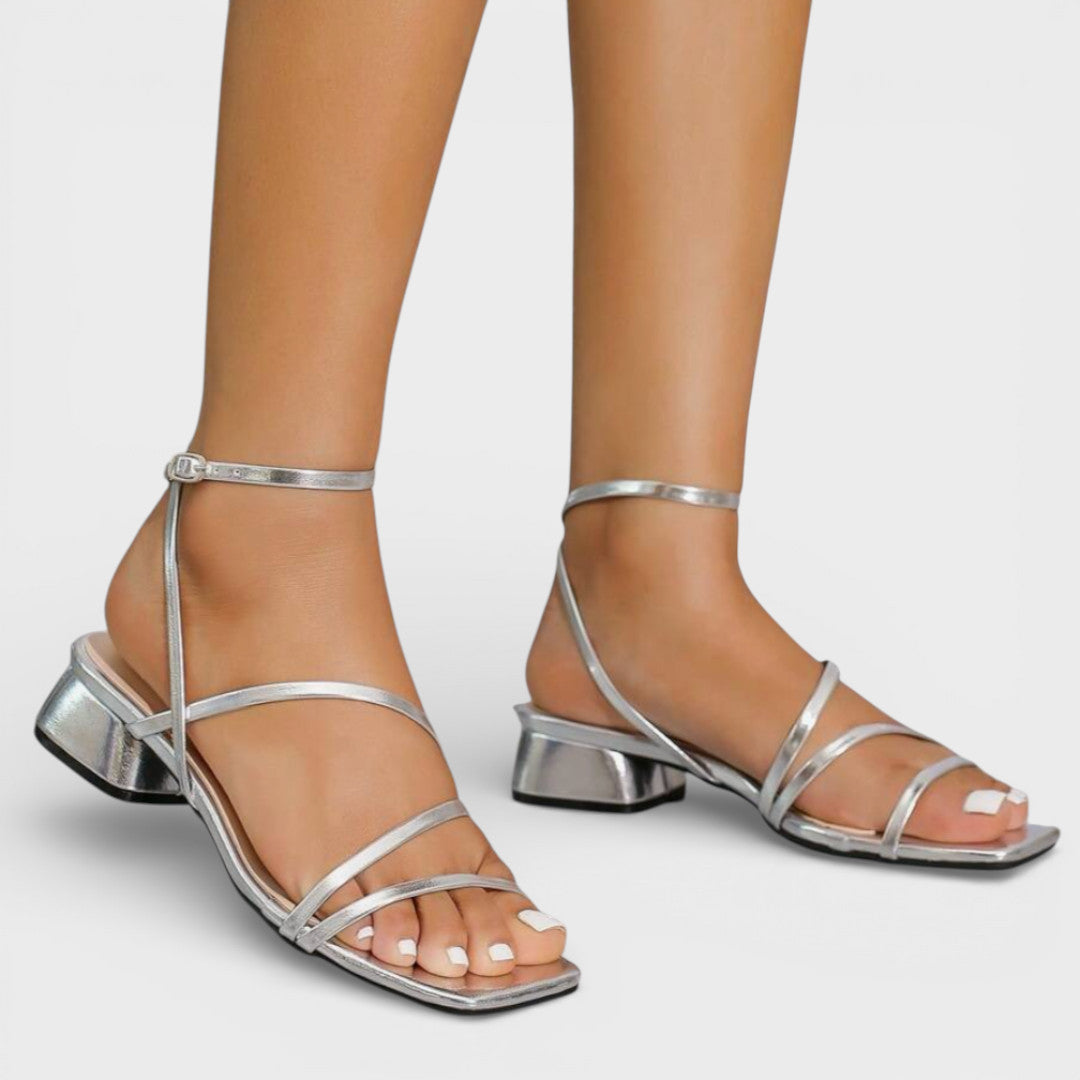 Women's Leather Strappy Block Heel Sandals - Silver