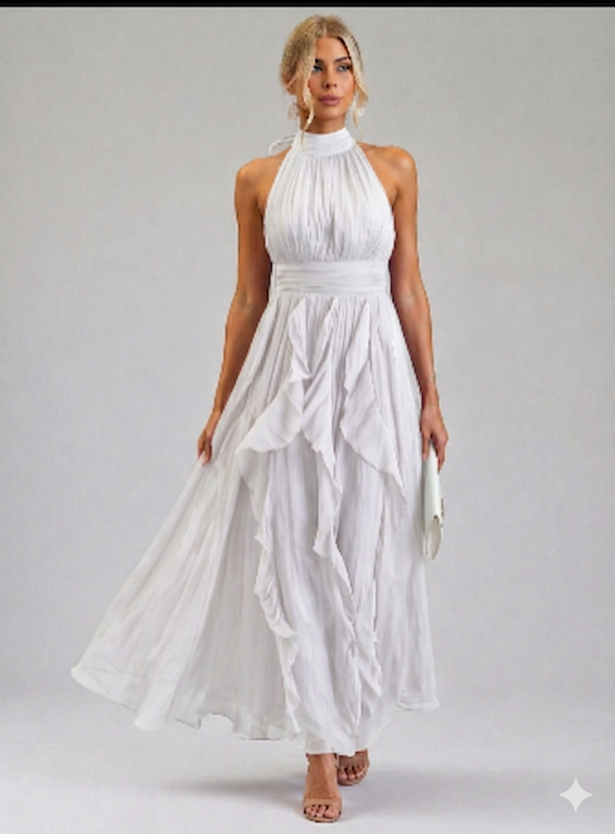 Women's Formal Halter Neck Maxi Dress - White