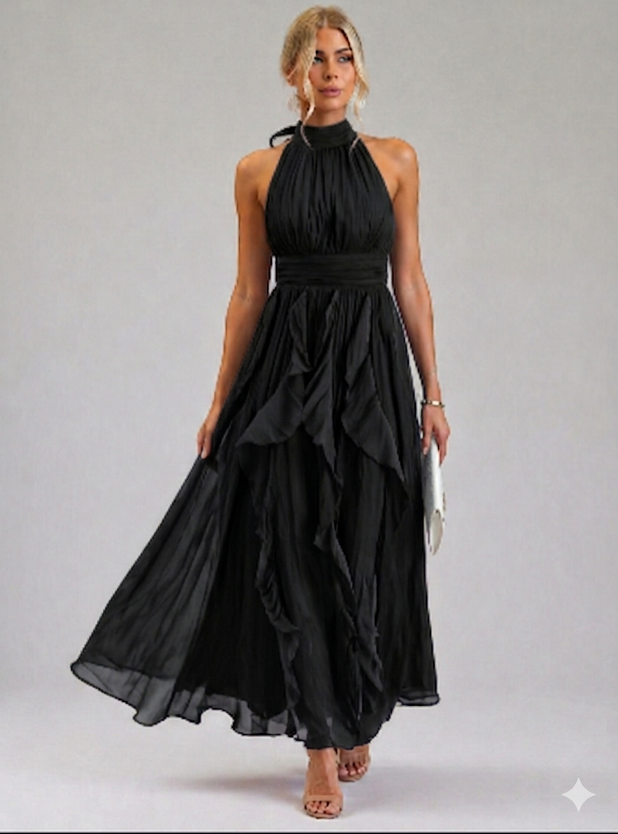 Women's Formal Halter Neck Maxi Dress - Black