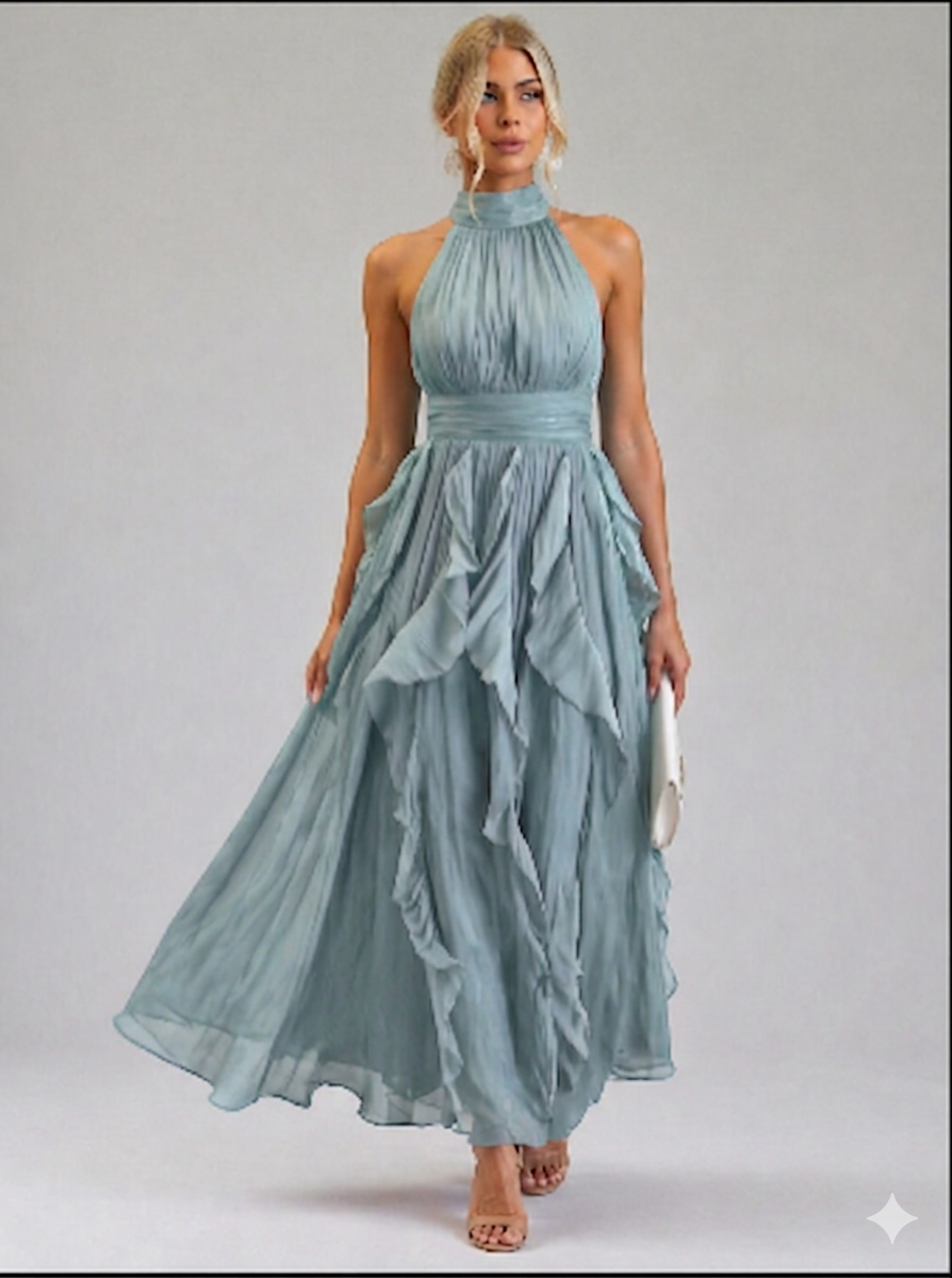Women's Formal Halter Neck Maxi Dress - Green