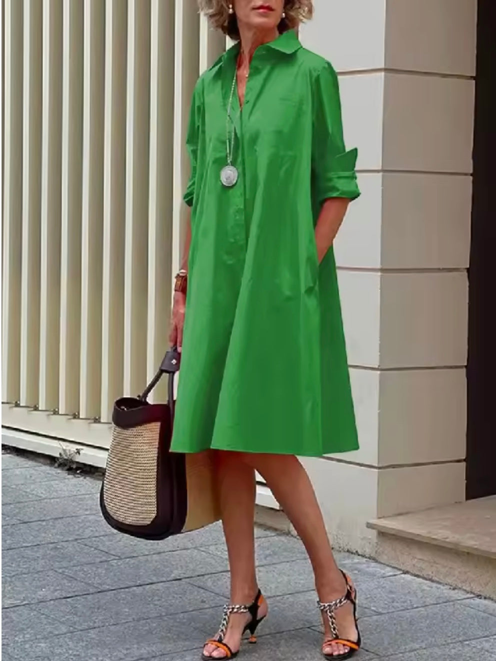 Women's Button-Front Long Sleeve Midi Shirt Dress - Green