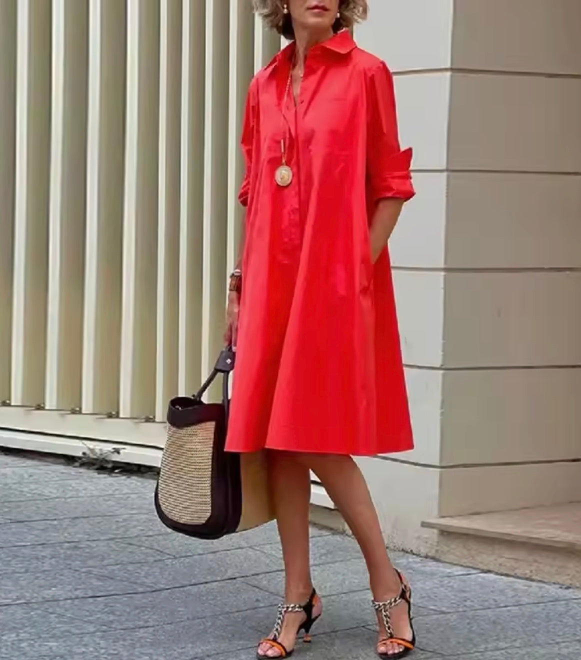 Women's Button-Front Long Sleeve Midi Shirt Dress - Red