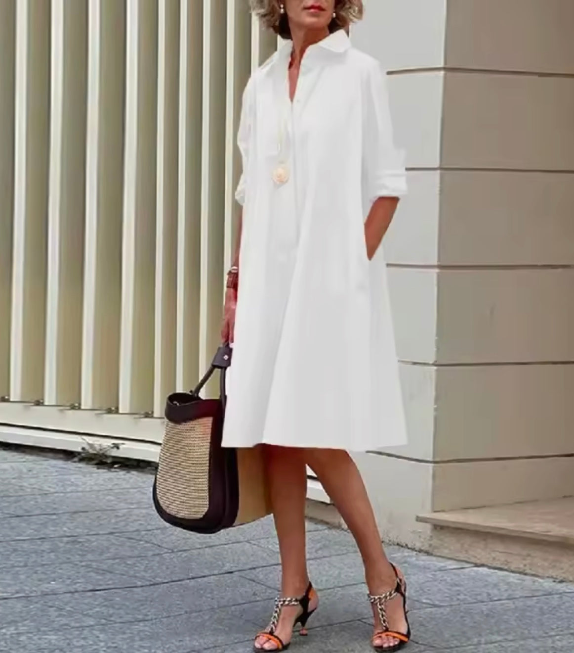 Women's Button-Front Long Sleeve Midi Shirt Dress - White
