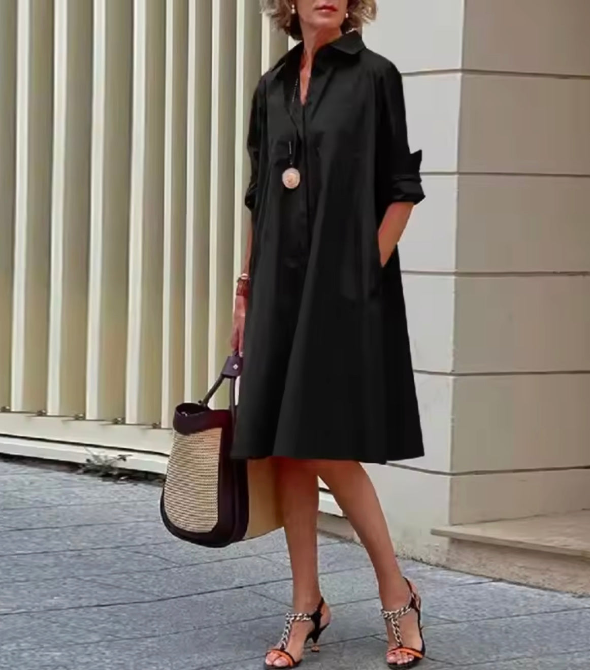 Women's Button-Front Long Sleeve Midi Shirt Dress - Black