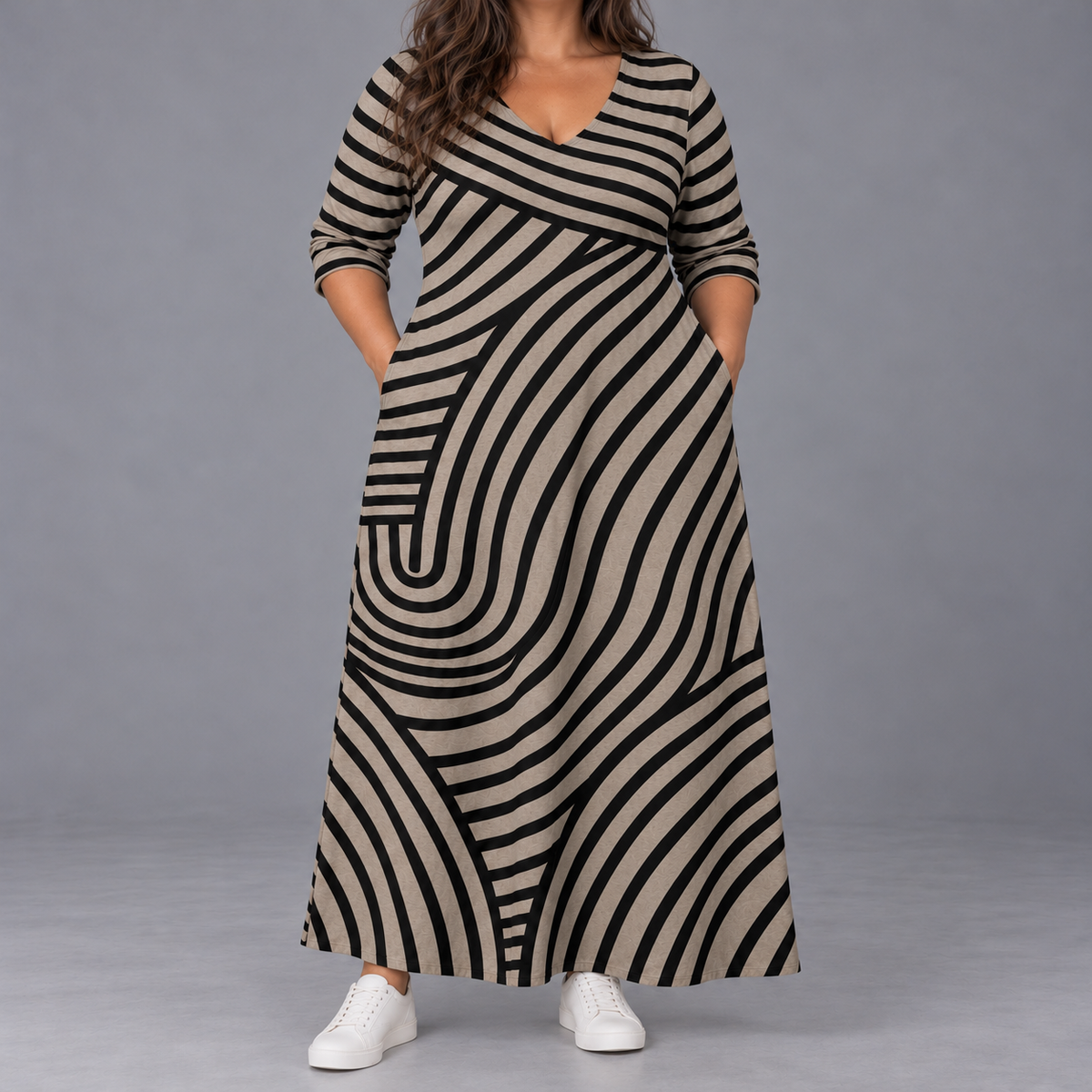 Women's Striped Cotton Linen Summer Maxi Dress - Beige and Black