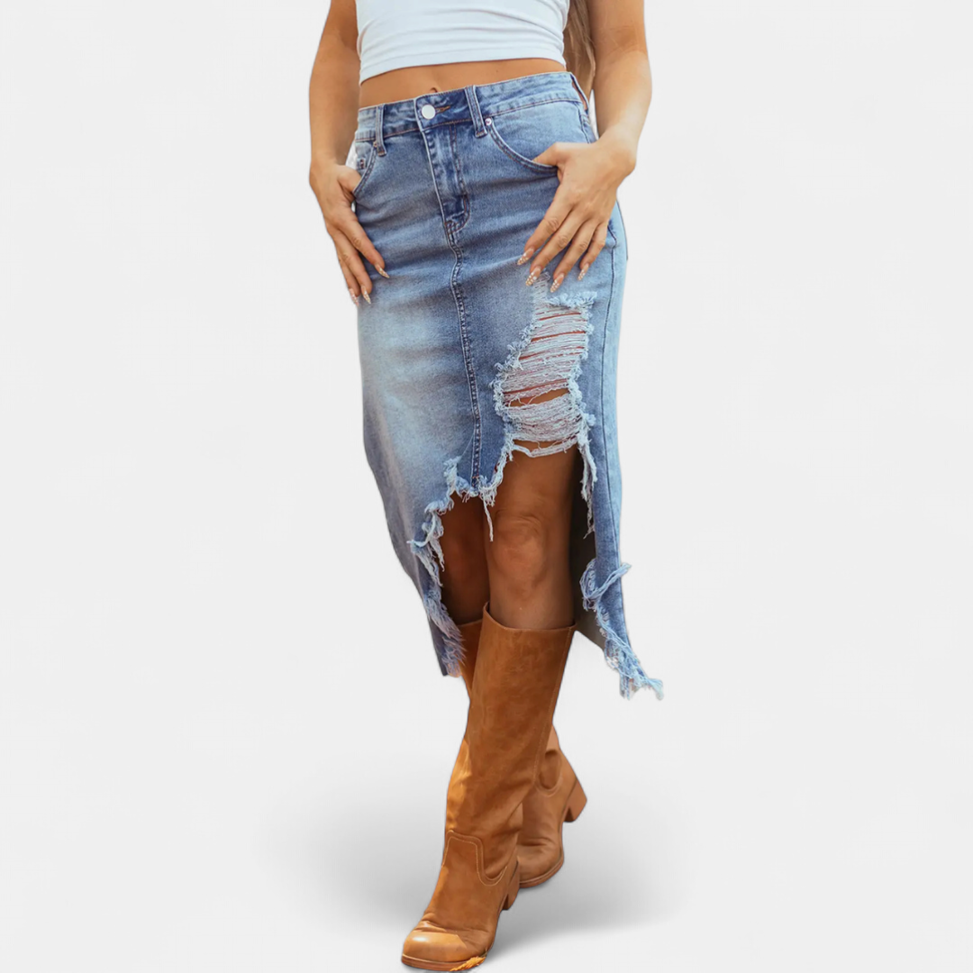Wren | Women's Distressed Frayed Denim Midi Skirt