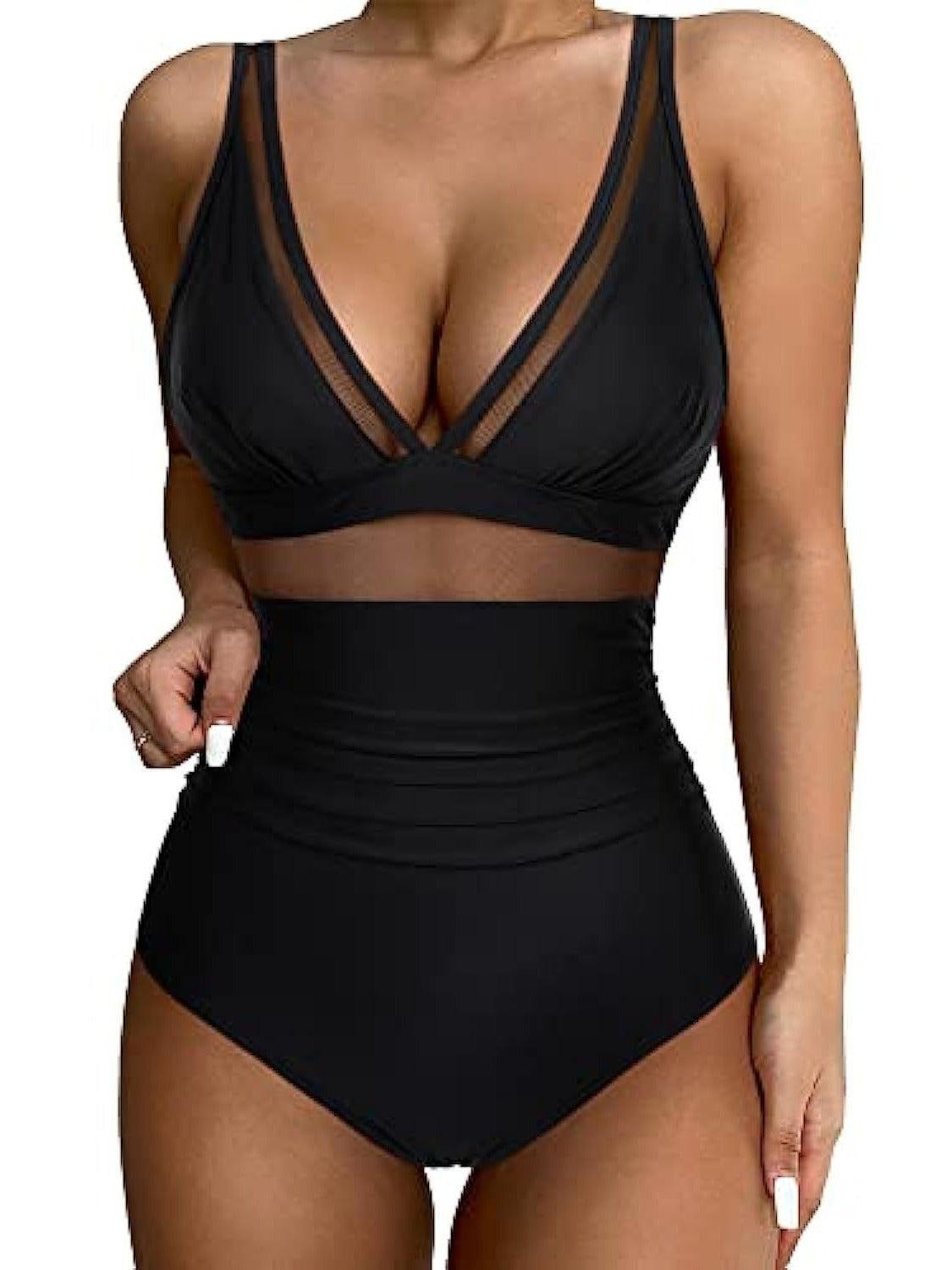 Women's High-Waisted Mesh V-Neck Swimsuit - Black