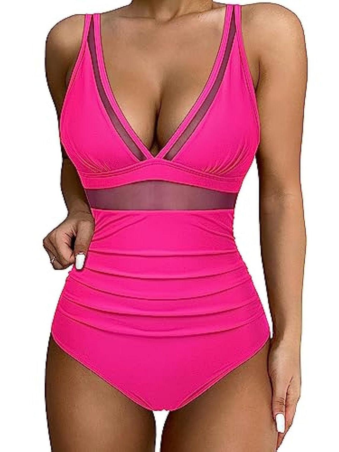 Women's High-Waisted Mesh V-Neck Swimsuit - Pink