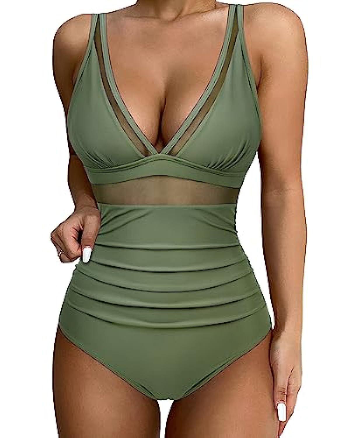 Women's High-Waisted Mesh V-Neck Swimsuit - Green