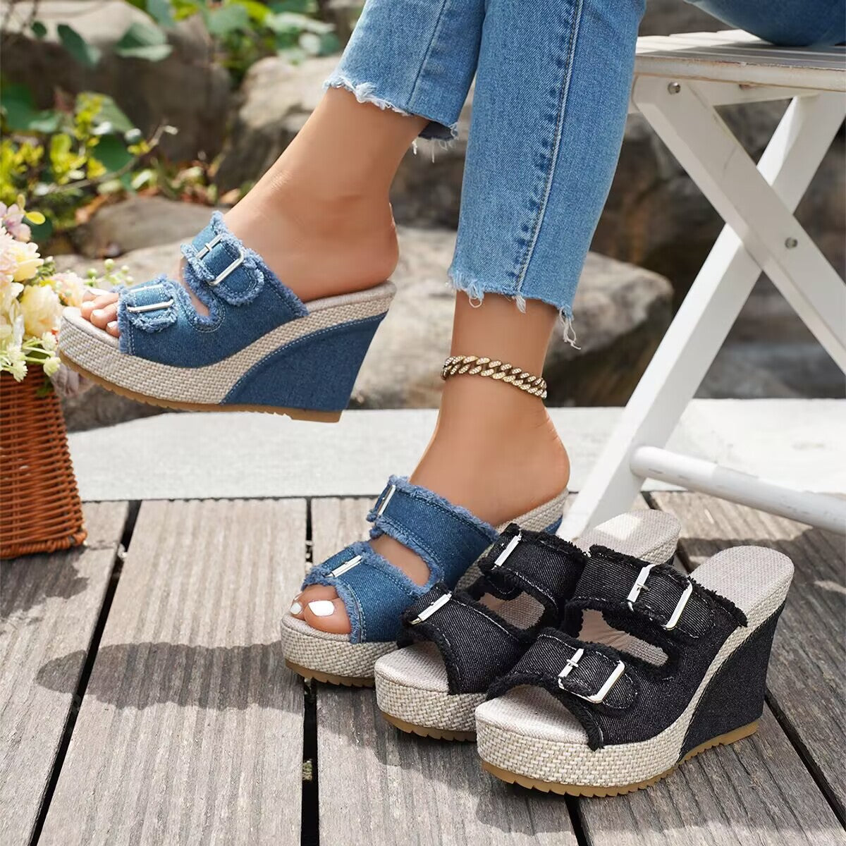 Women's Denim Espadrille Wedge Heel Sandals