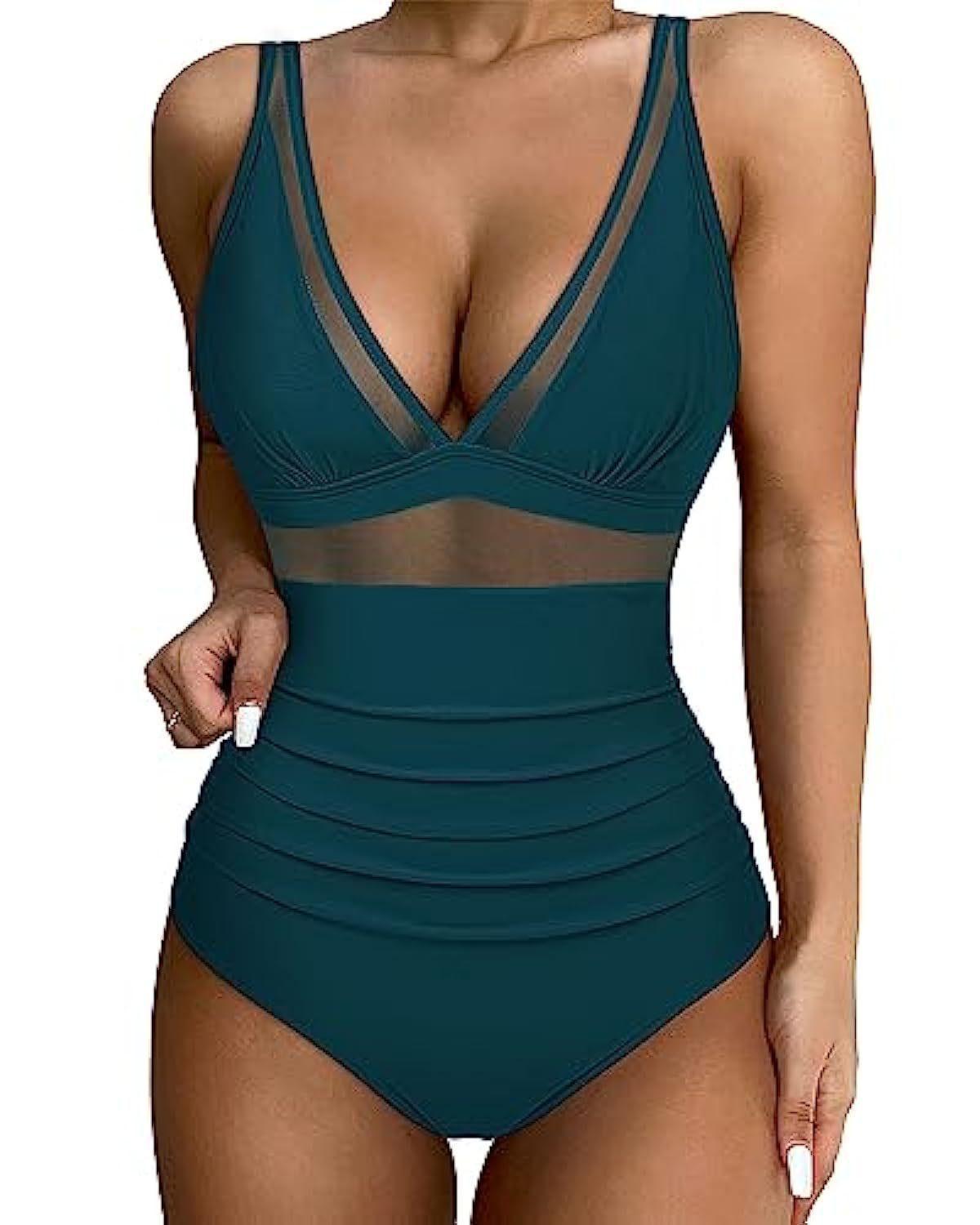Women's High-Waisted Mesh V-Neck Swimsuit - Peacock blue