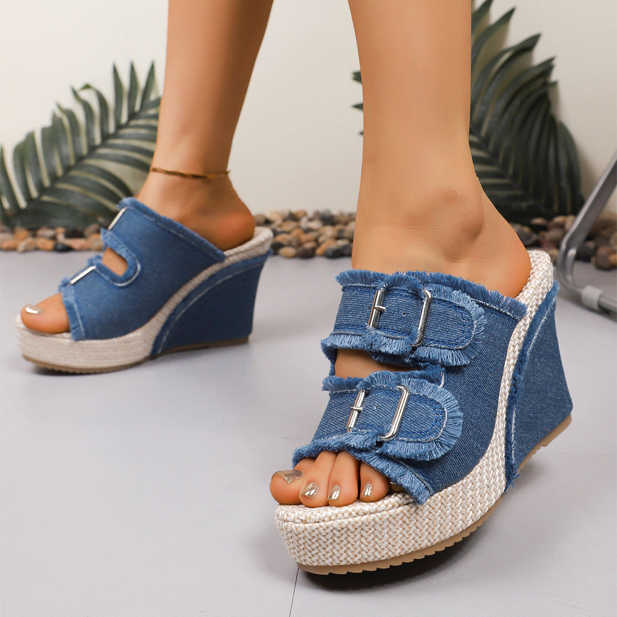 Women's Denim Espadrille Wedge Heel Sandals