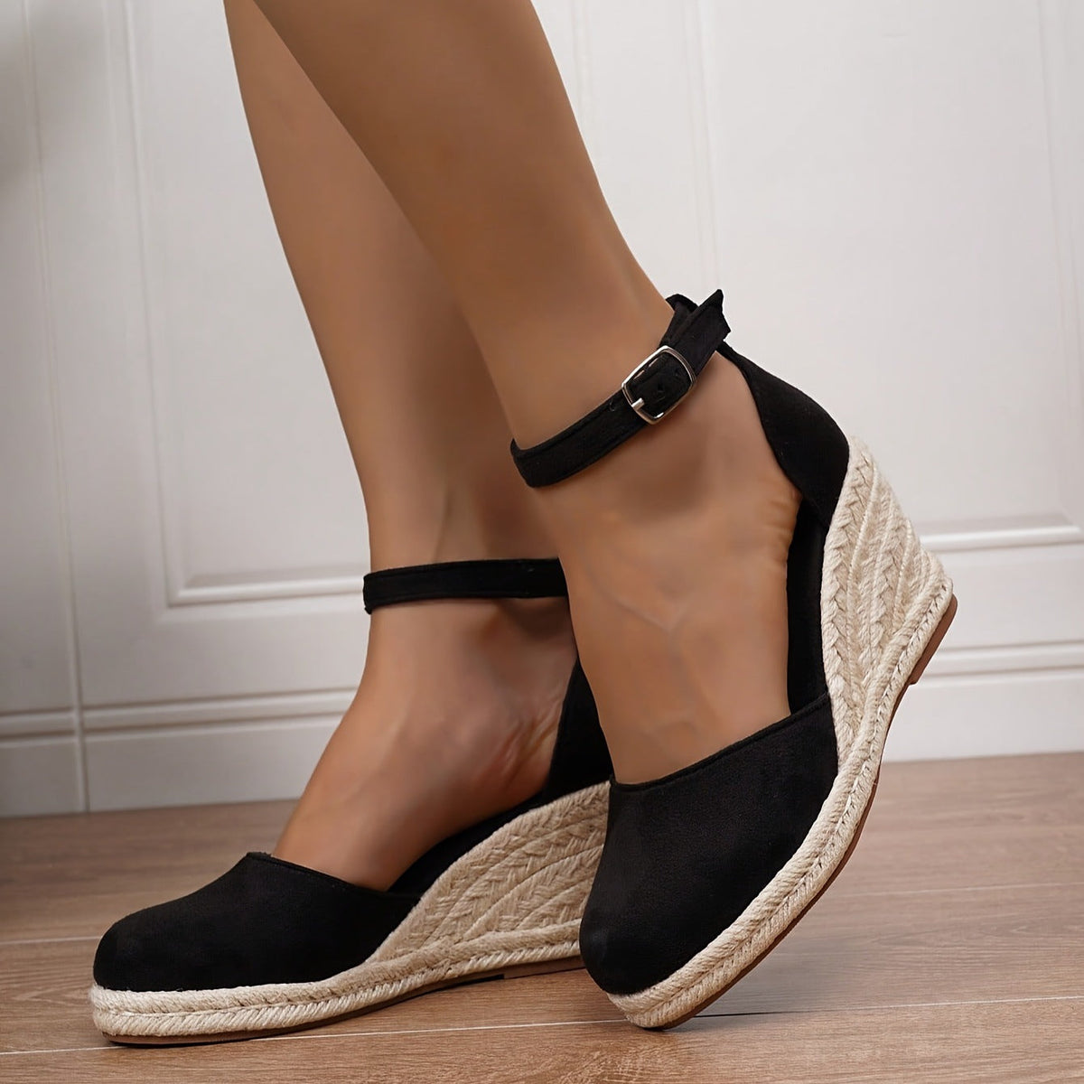Women's Strappy Espadrilles Wedge Sandal - Black