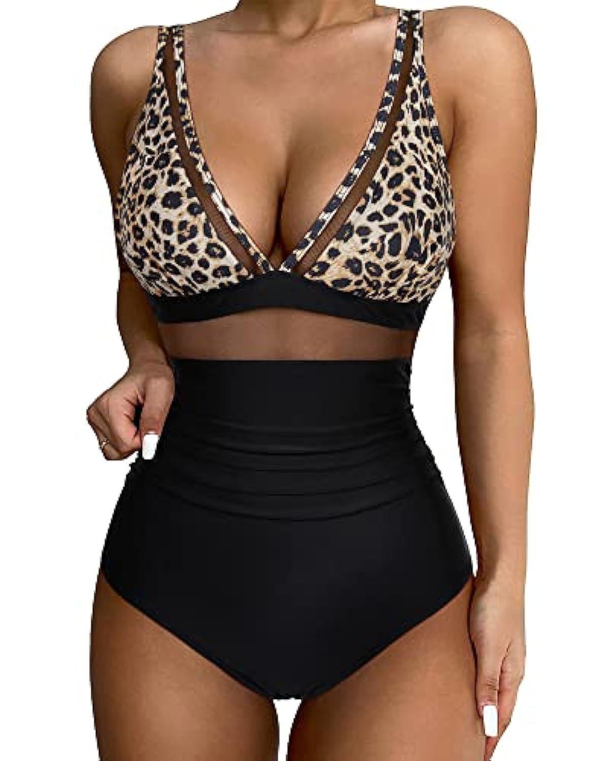 Women's High-Waisted Mesh V-Neck Swimsuit - Leopard