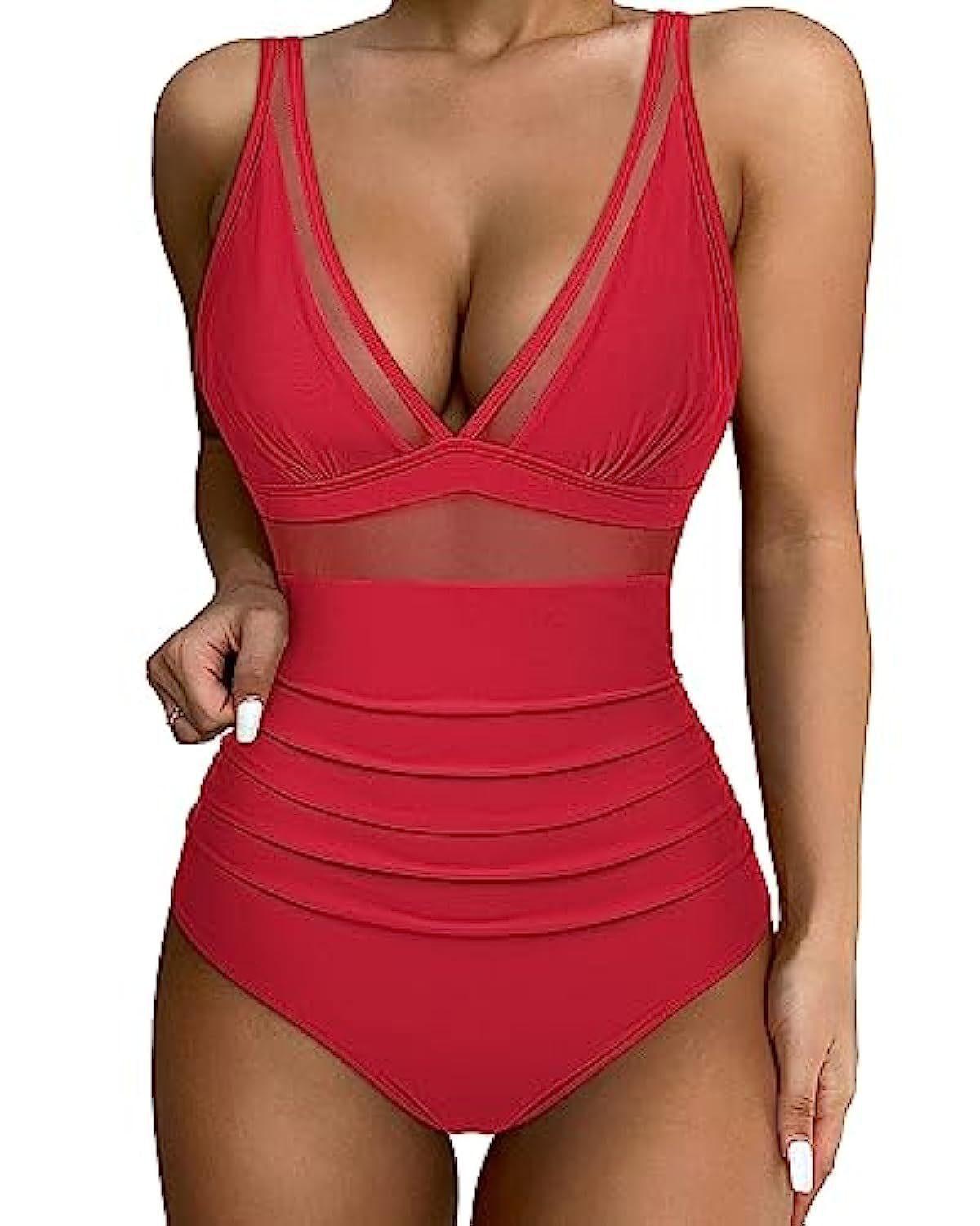 Women's High-Waisted Mesh V-Neck Swimsuit - Red