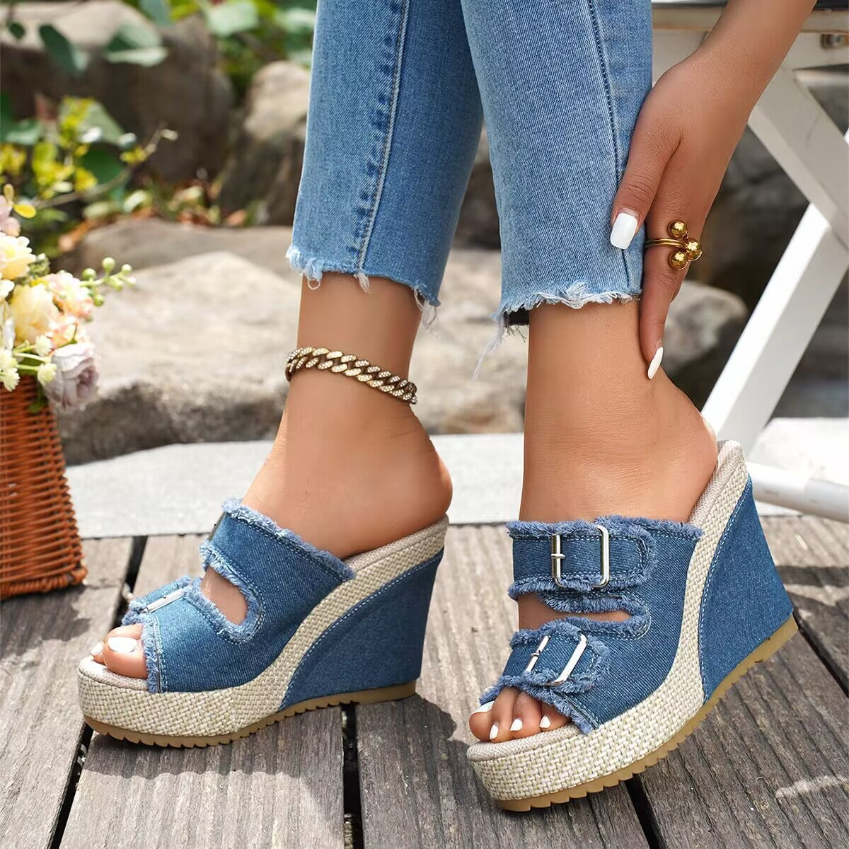 Women's Denim Espadrille Wedge Heel Sandals