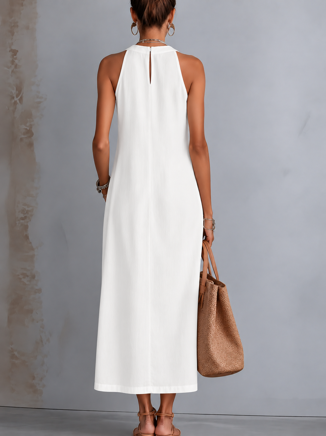 Embroidered Mao Collar Halter Neck Dress