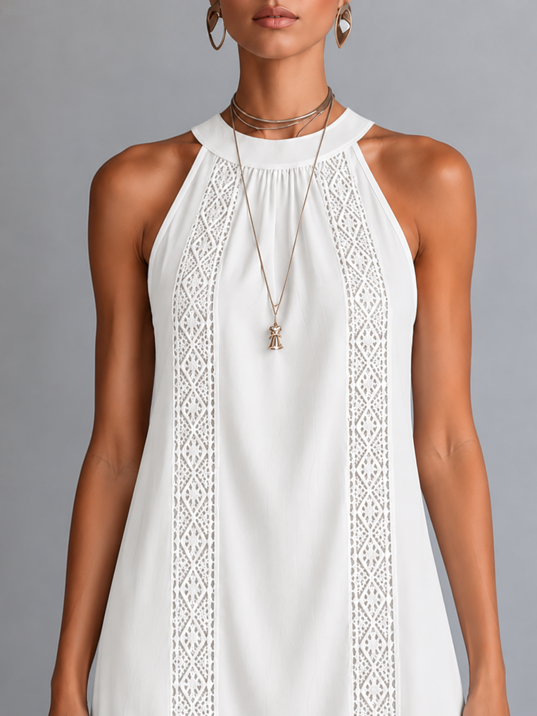 Embroidered Mao Collar Halter Neck Dress
