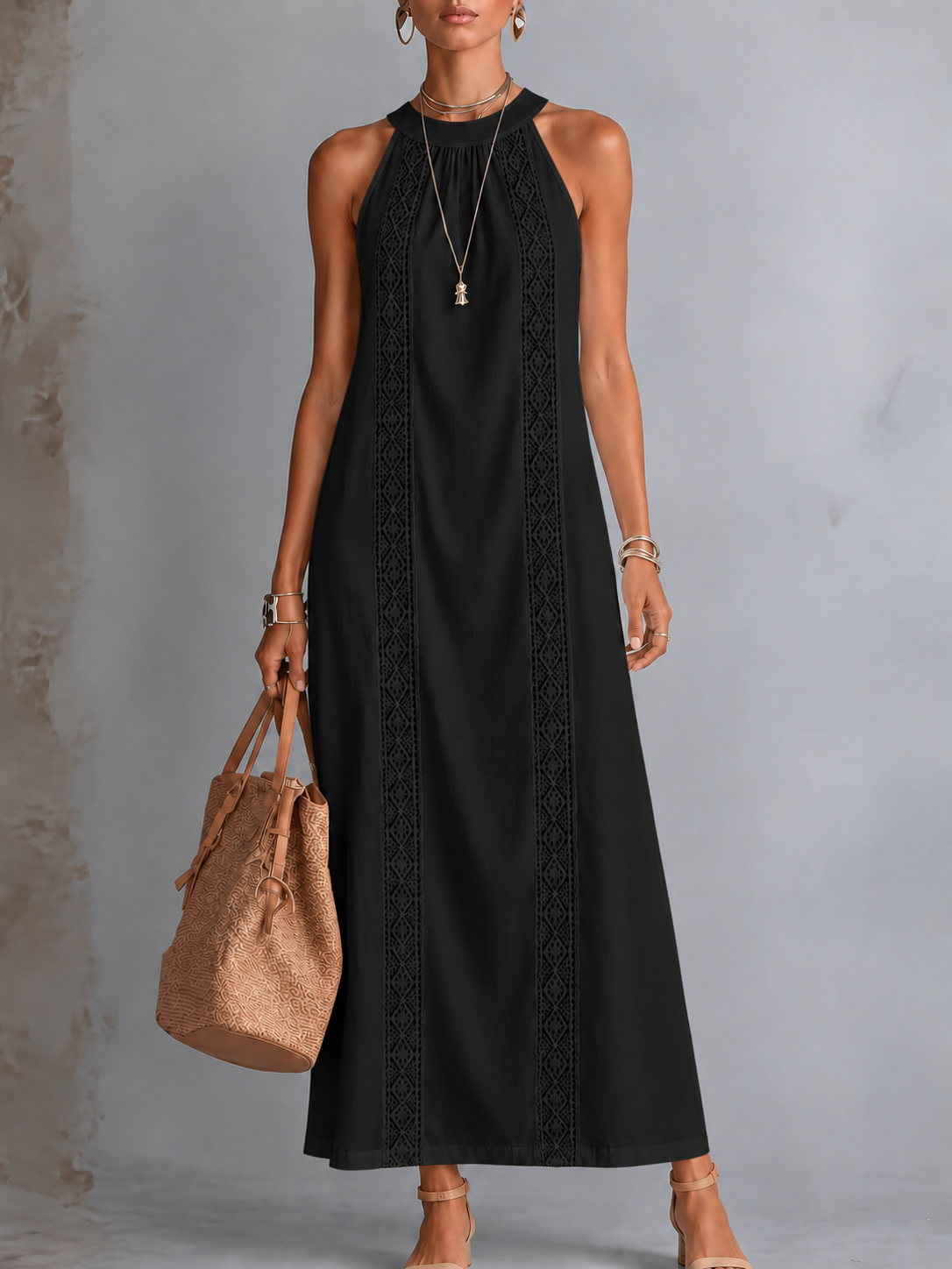 Embroidered Mao Collar Halter Neck Dress - Black