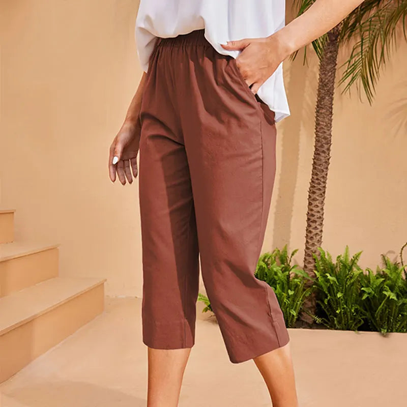 Women's Linen Cotton Wide Leg Capri Pants - Multi