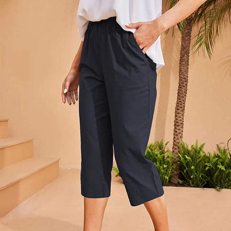 Women's Linen Cotton Wide Leg Capri Pants - Multi