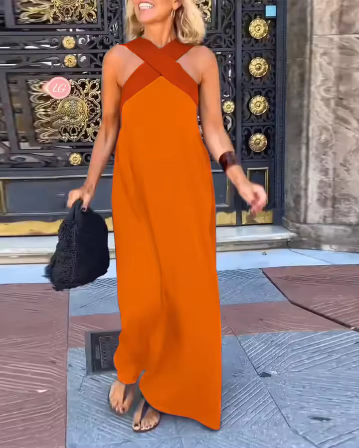 Women's Summer Halter Neck Maxi Dress - Orange