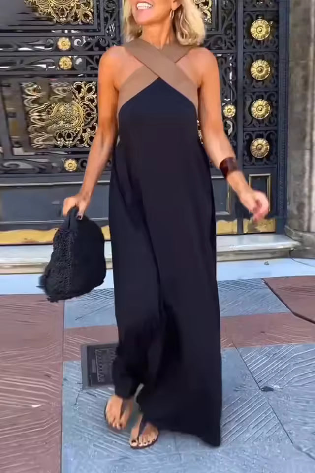 Women's Summer Halter Neck Maxi Dress - Black