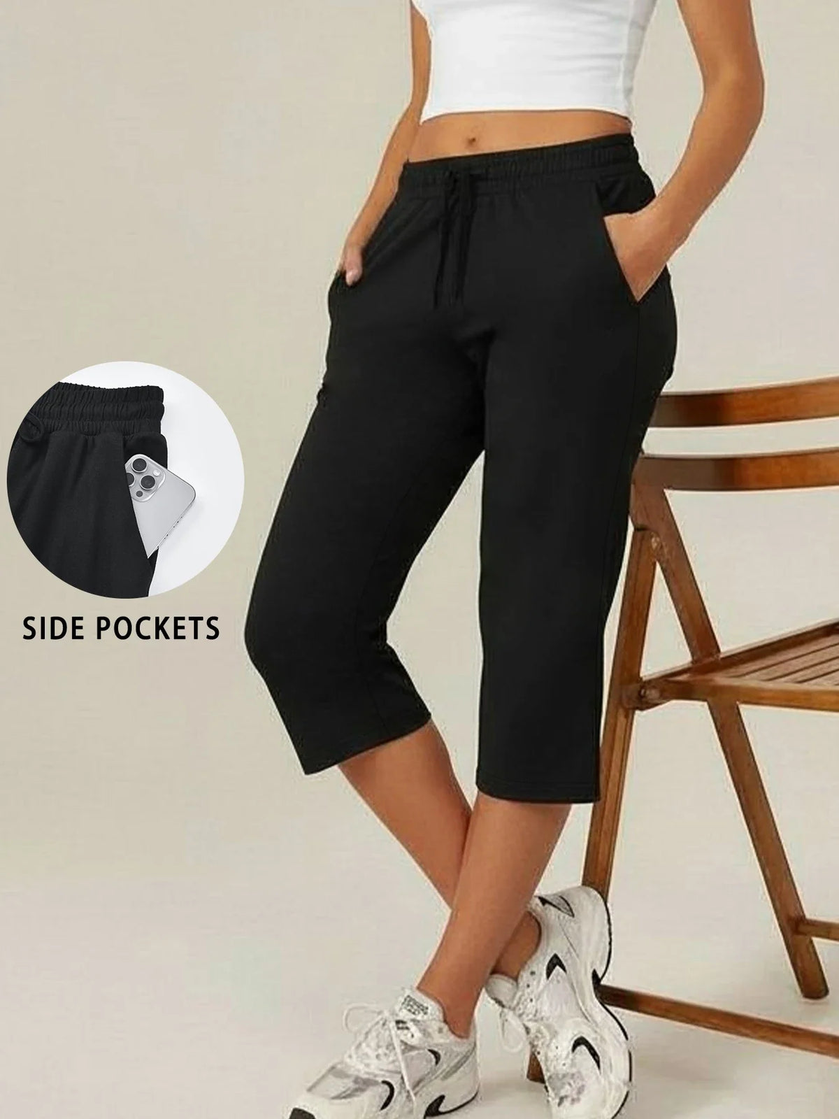 Women's Casual Knit Yoga Capri Pants - Black