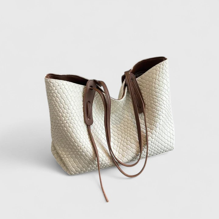 Women's Leather Shoulder Shopper Tote Bag - Beige