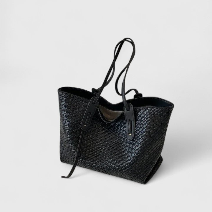 Women's Leather Shoulder Shopper Tote Bag - Black