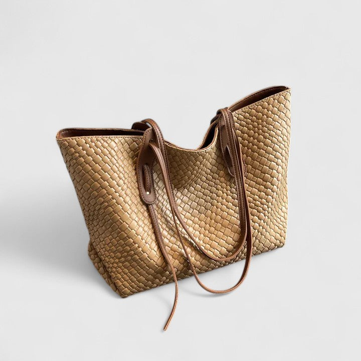Women's Leather Shoulder Shopper Tote Bag - Khaki