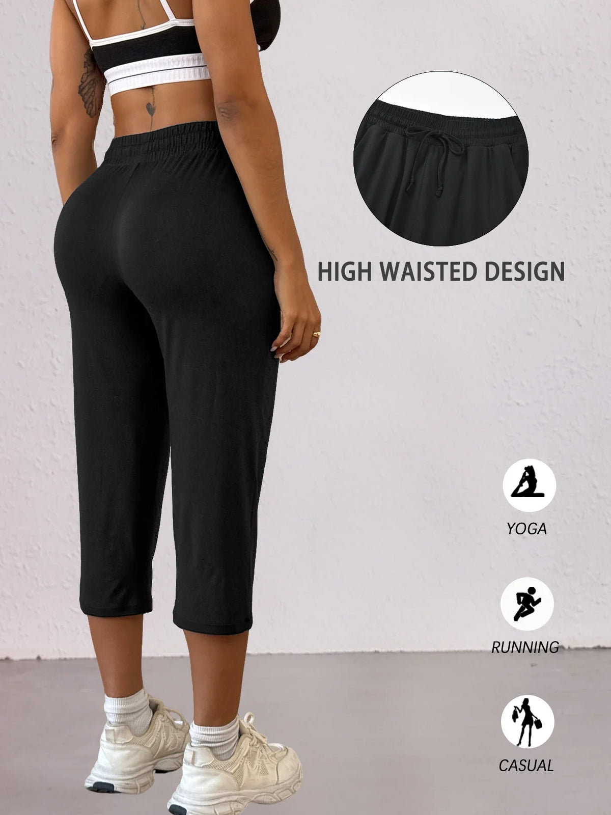 Women's Casual Knit Yoga Capri Pants - Black