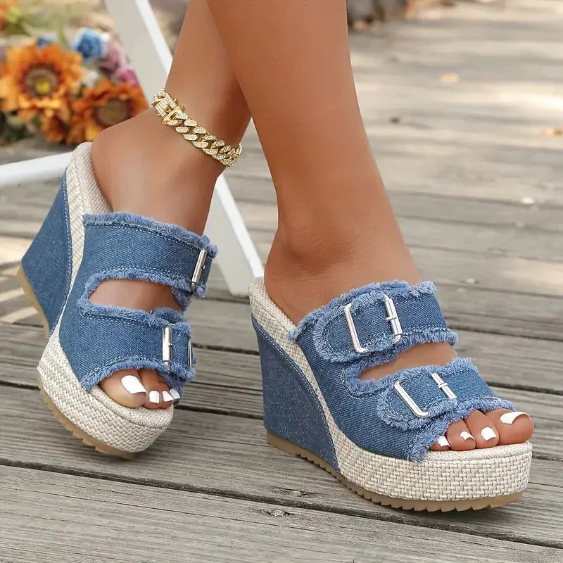 Women's Denim Espadrille Wedge Heel Sandals - Blue