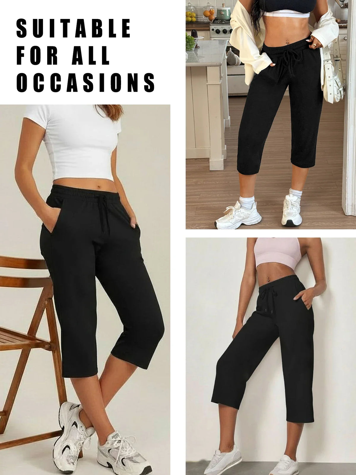 Women's Casual Knit Yoga Capri Pants - Black