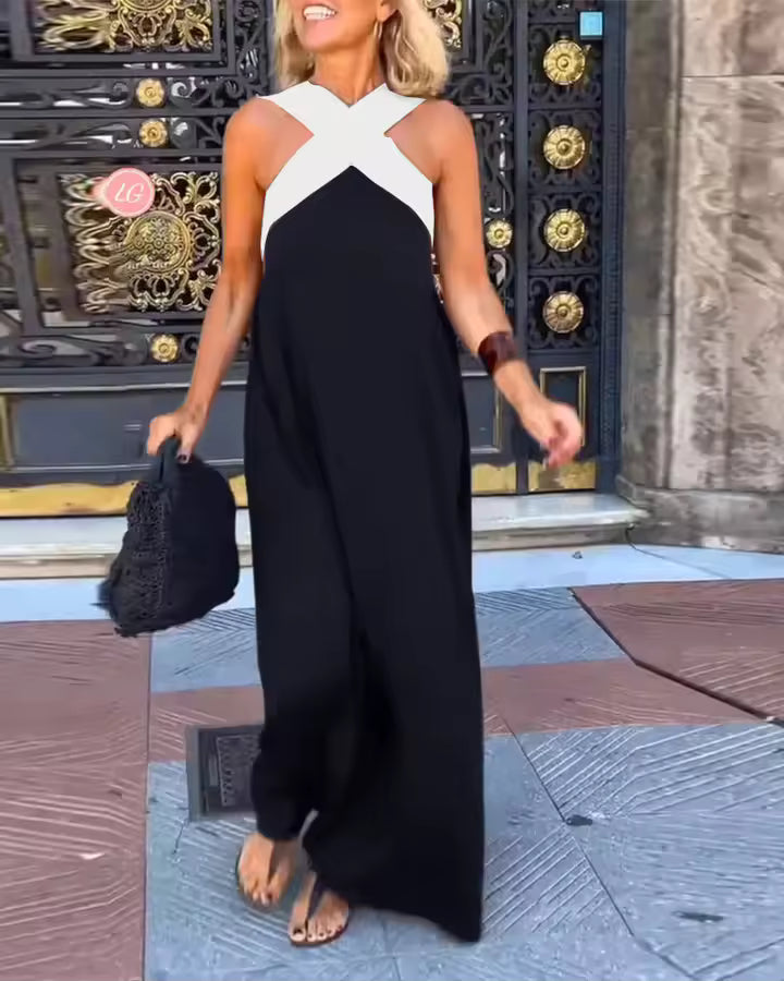 Women's Summer Halter Neck Maxi Dress - Black and White