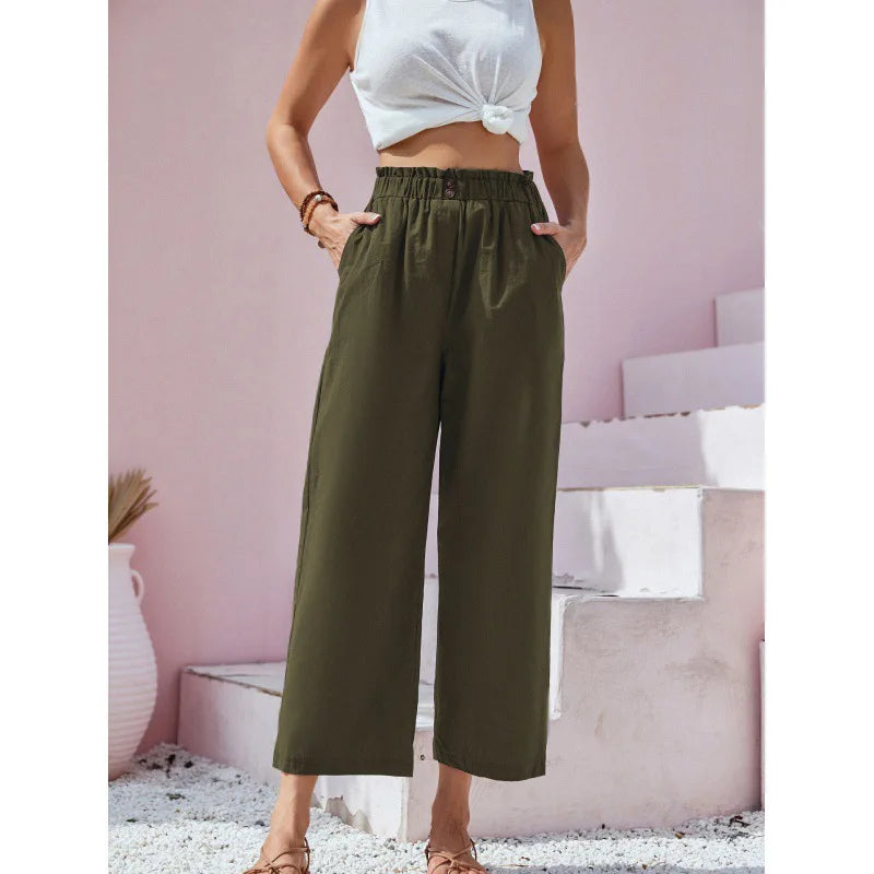 Women's Relaxed Leg Wide Linen Pants - Army Green