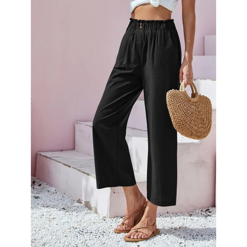 Women's Relaxed Leg Wide Linen Pants - Black