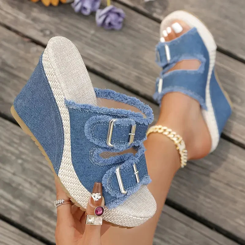 Women's Denim Espadrille Wedge Heel Sandals